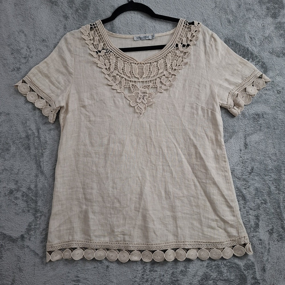 Elena Baldi Top Womens S Beige‎ Short Sleeve Accent Edge 100% Linen Made Italy